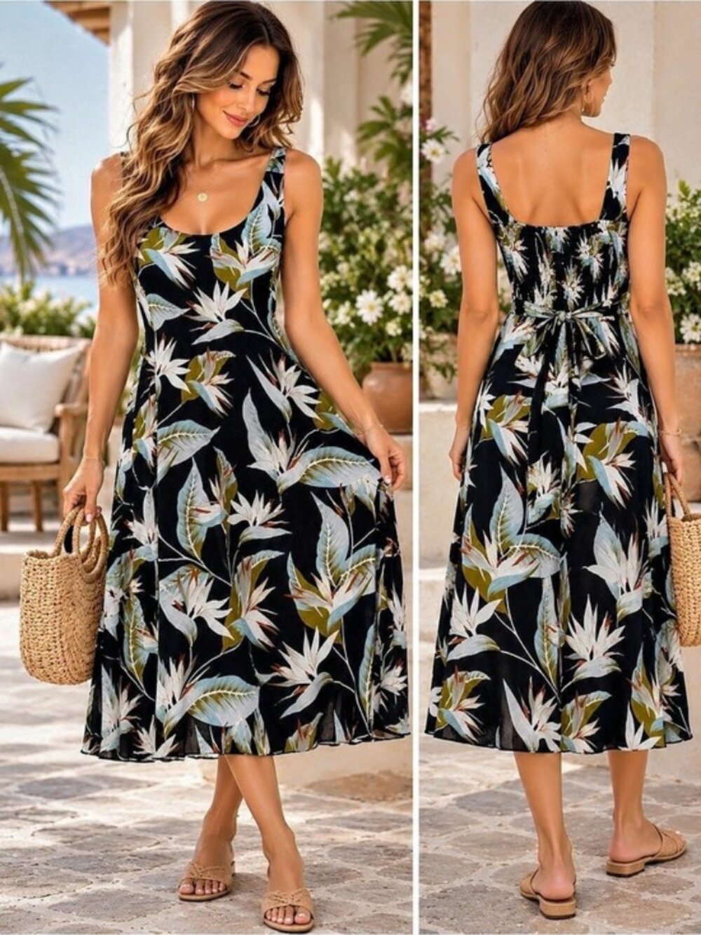 Hawaiian Tropical Floral Midi Dress Flowy Vacation Resort Aloha Summer S. Large